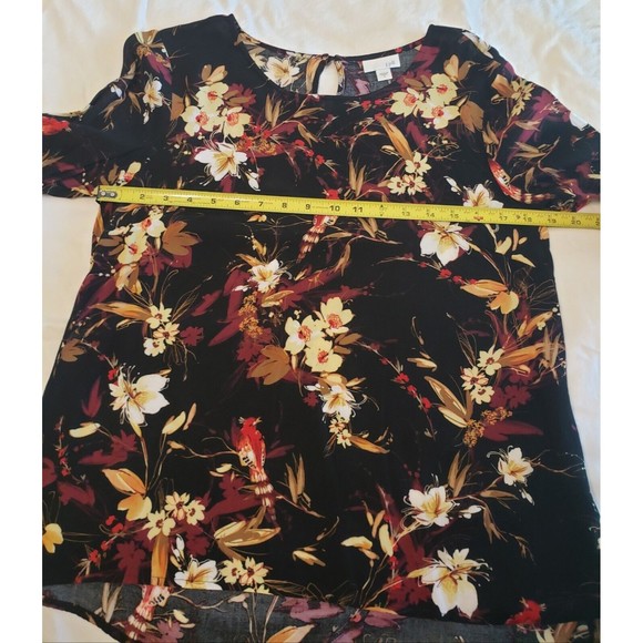 J. Jill Womens Sz S Floral Bird Patterned Rayon Blouse Keyhole Back 3/4 Sleeves - Picture 2 of 10